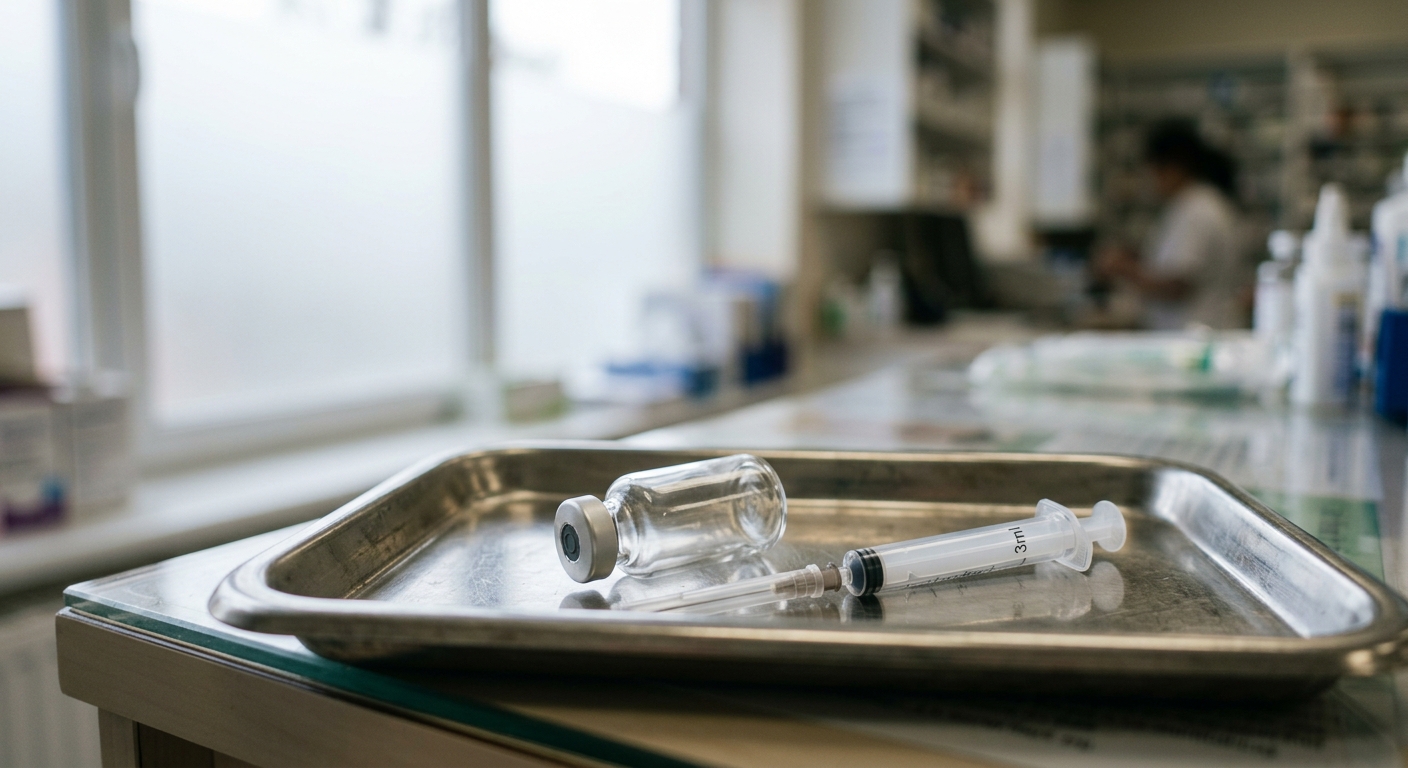 a small glass medical vial and a sterile syringe resting on a stainless steel medical tray inside a typical community pharmacy clinic, with an out-of-focus back