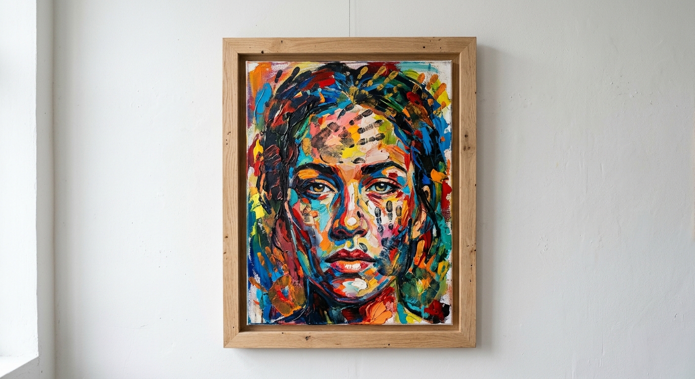 a brightly colored, expressive abstract portrait painting featuring textured handprints, mounted in a simple wooden frame and hanging on a plain white gallery w