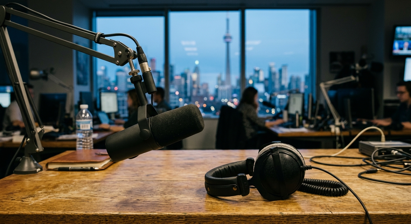 a black broadcast microphone and a pair of headphones resting on a wooden desk inside a newsroom, with a blurred view of the Toronto city skyline through the wi
