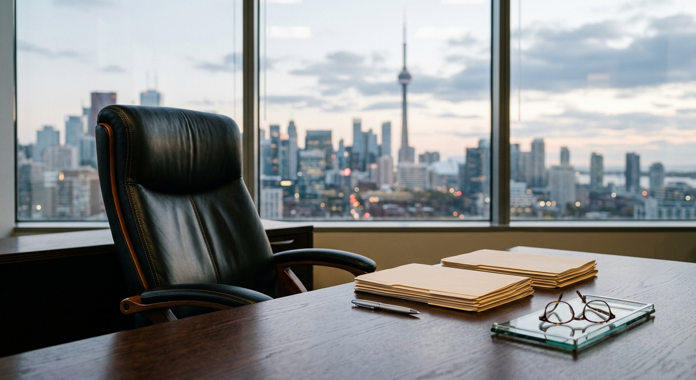 an empty leather executive office chair behind a wooden desk holding neat stacks of plain manila file folders, a silver pen, and a pair of reading glasses, with