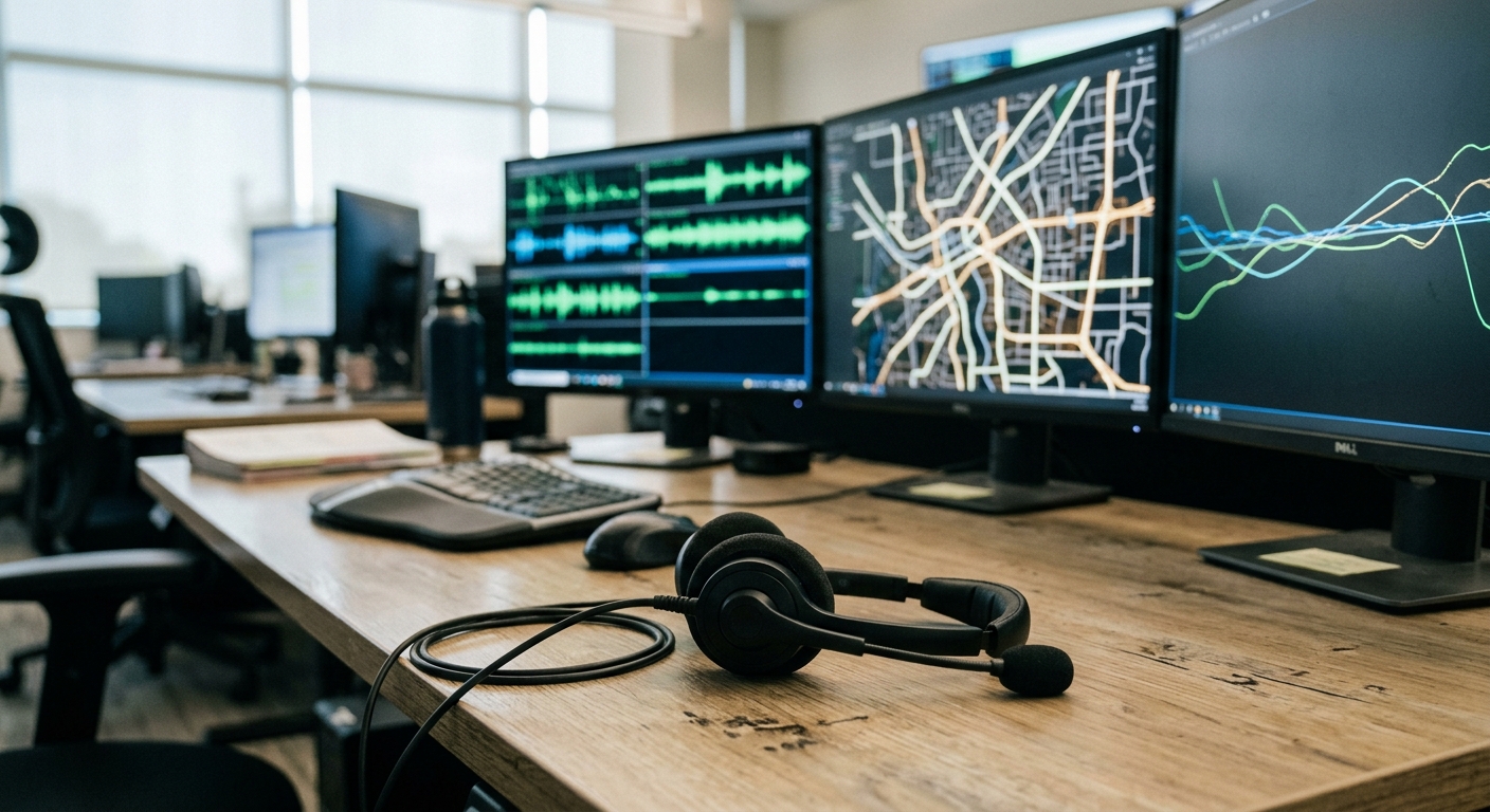 a black communication headset resting on a desk next to multiple computer monitors displaying abstract digital waveforms and street maps in a modern emergency d