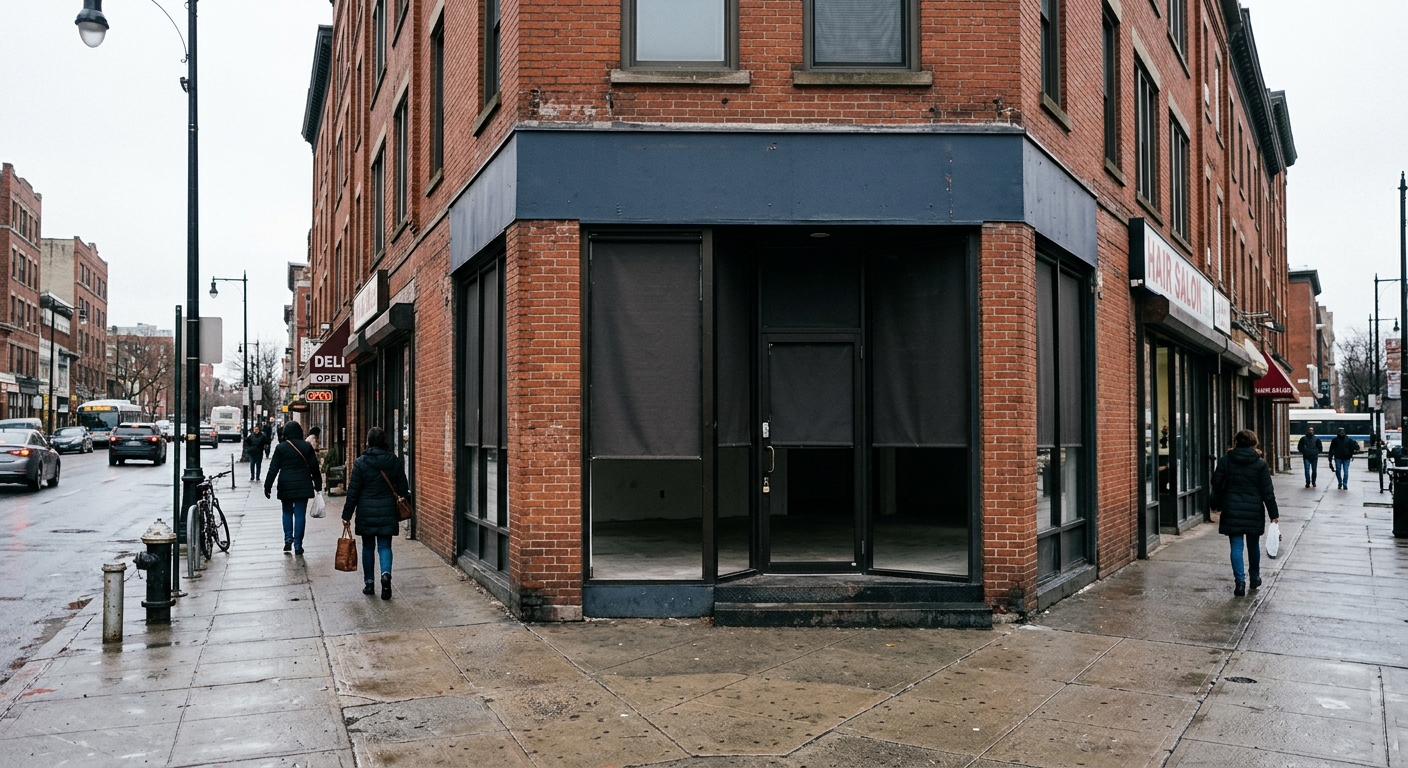 a vacant commercial retail space with bare floors and drawn blinds, viewed from the sidewalk of an urban street with red brick architecture, overcast sky, natur