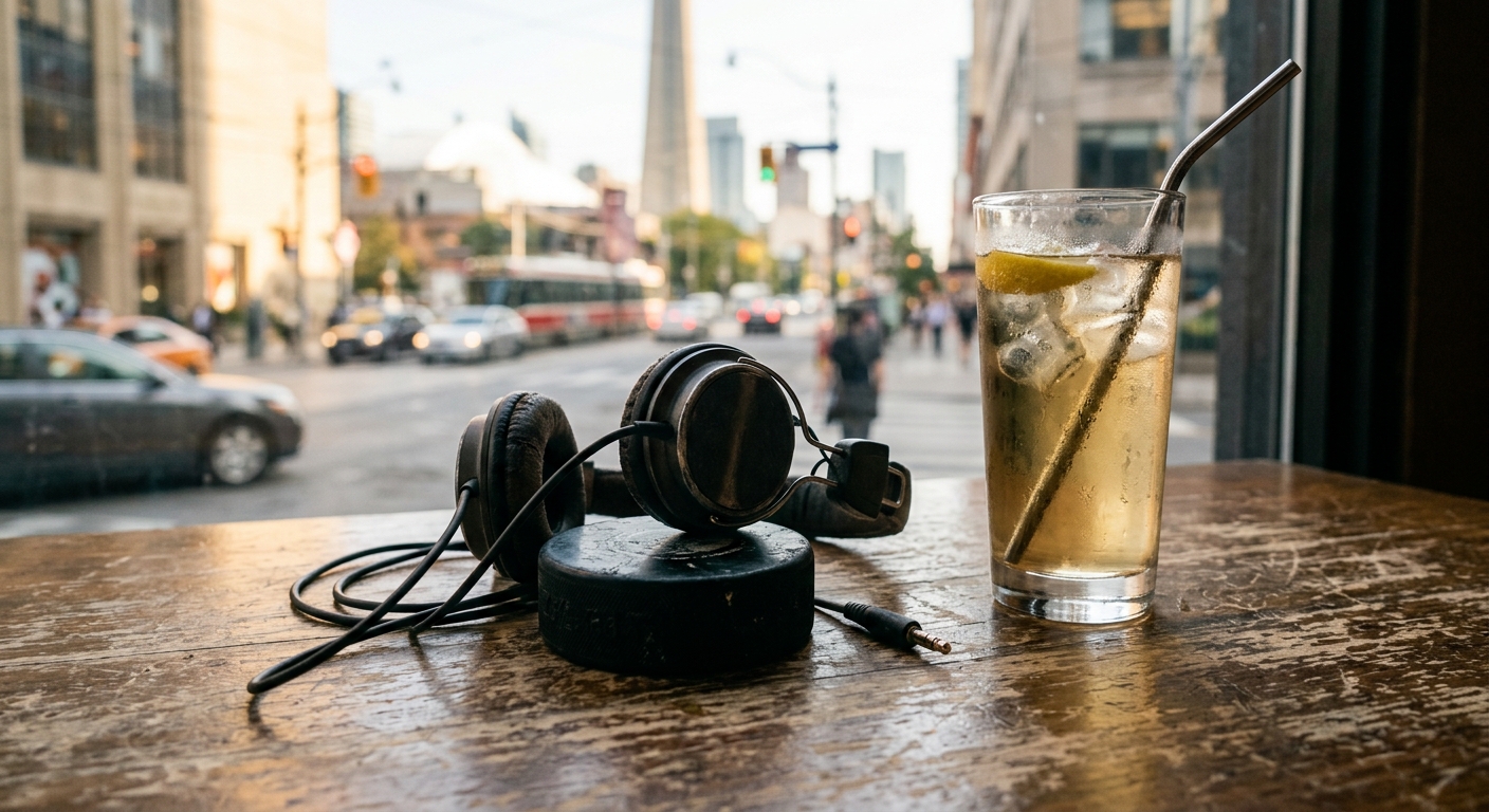 a pair of casual wired headphones draped over a scuffed black hockey puck on a scratched wooden table, sitting next to a tall glass of iced ginger ale, with an