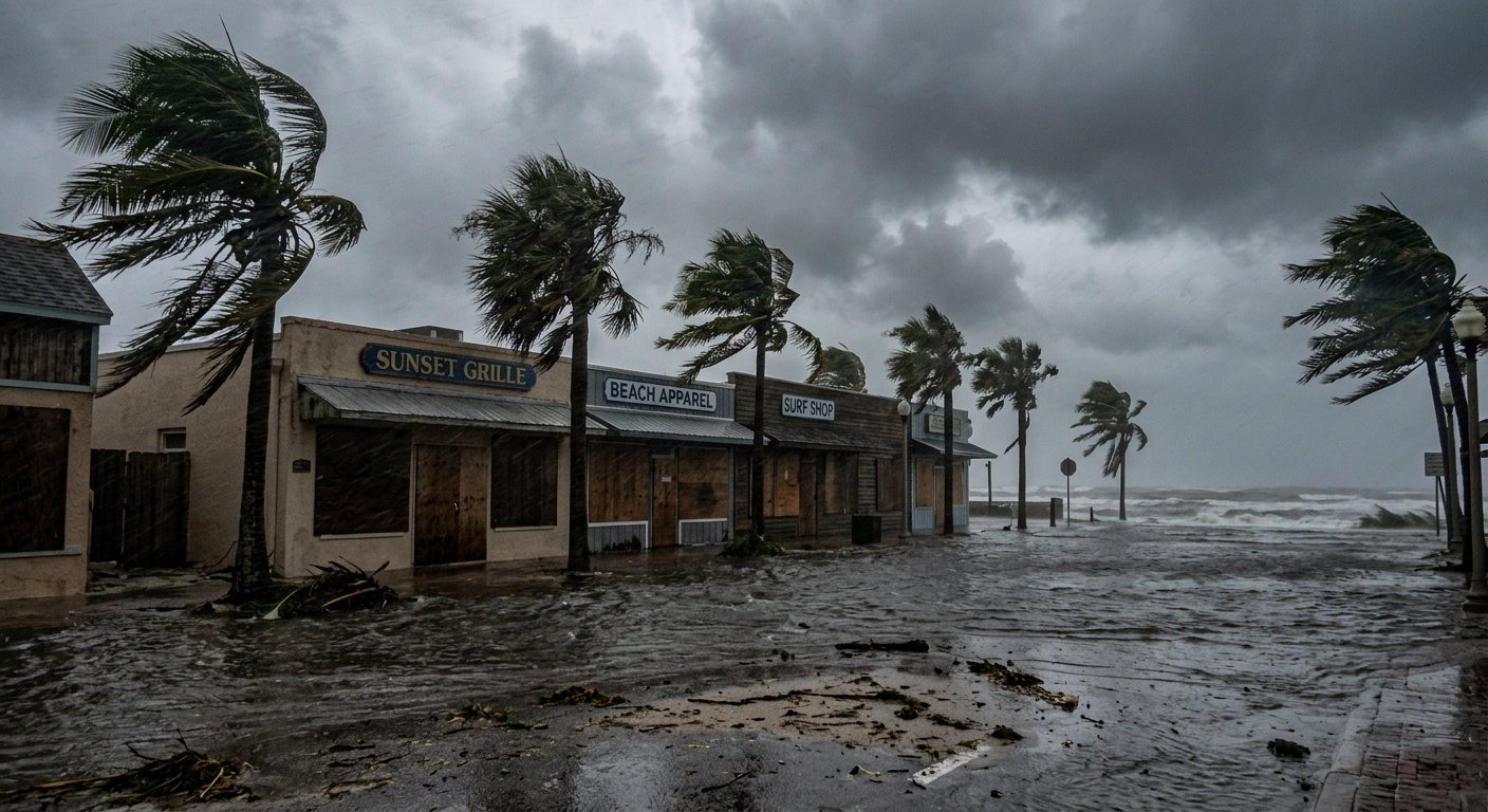 palm trees violently bending in extreme wind and heavy rain along a flooded coastal street, boarded-up storefronts of a beachfront resort town under a dark stor