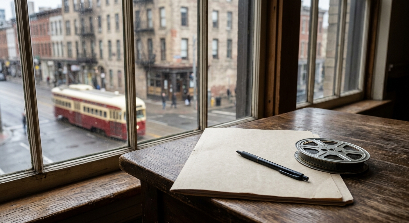 a closed manila file folder, a black pen, and a small metal film reel on a wooden table next to a window, with a softly blurred view of a red streetcar and urba