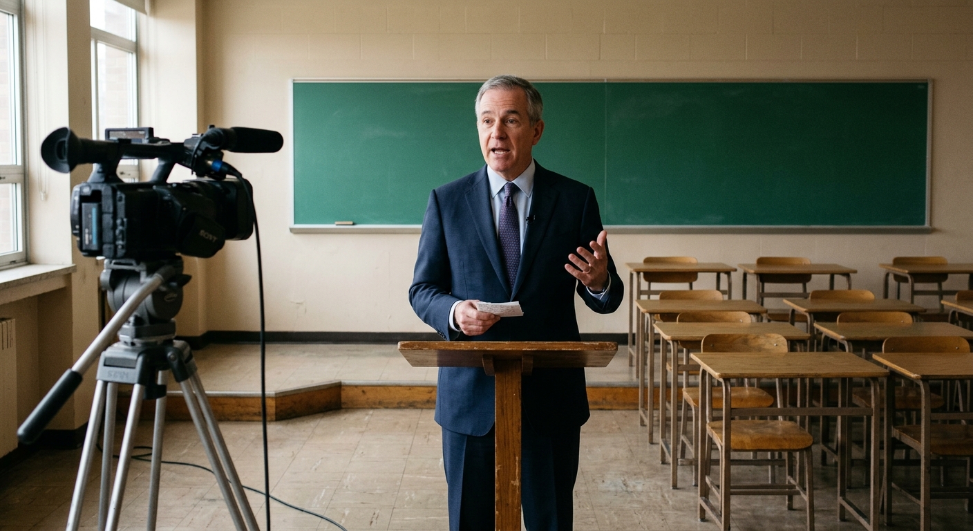 a middle-aged male politician in a suit speaking from a generic high school classroom, standing in front of a blank green chalkboard and empty wooden student de