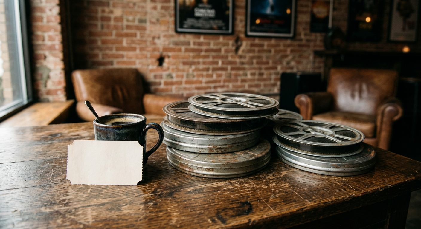 a collection of metal film reels, a blank admission stub, and a cup of coffee resting on a worn wooden table inside an independent brick-walled cinema lounge, n