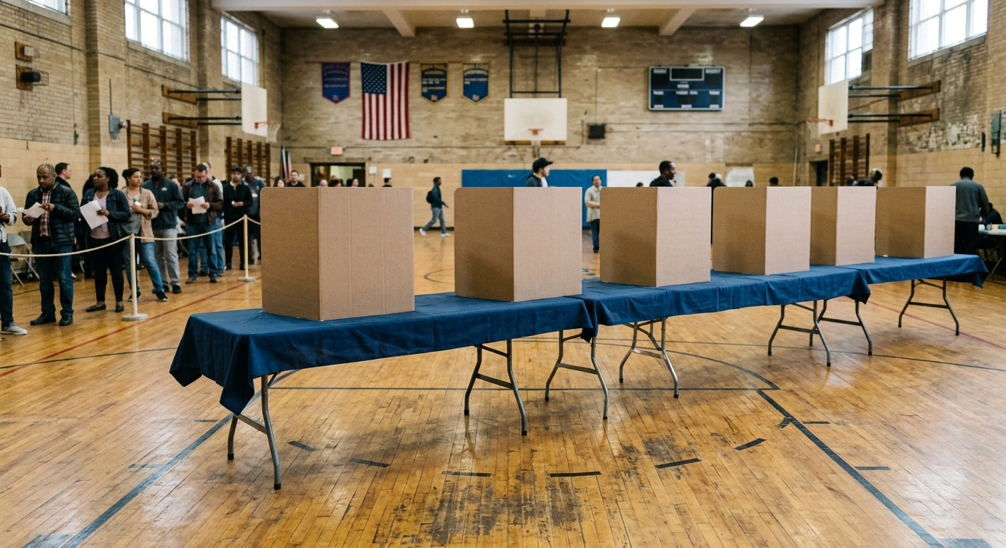 a row of blank cardboard voting privacy screens arranged on folding tables inside an urban community center gymnasium with scuffed wooden floors, natural everyd