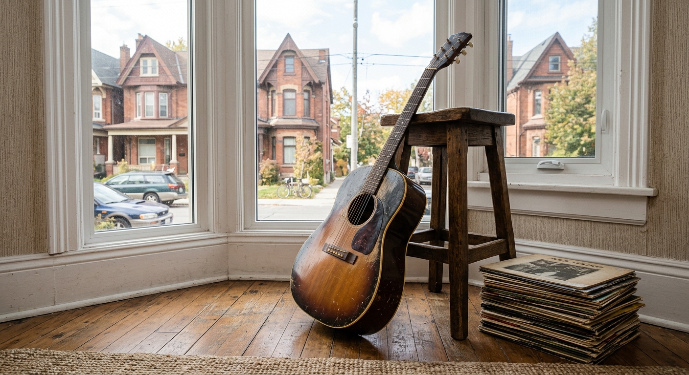 a well-worn acoustic guitar leaning against a wooden stool next to a stack of vintage vinyl records on a hardwood floor, bathed in soft sunlight from a window o