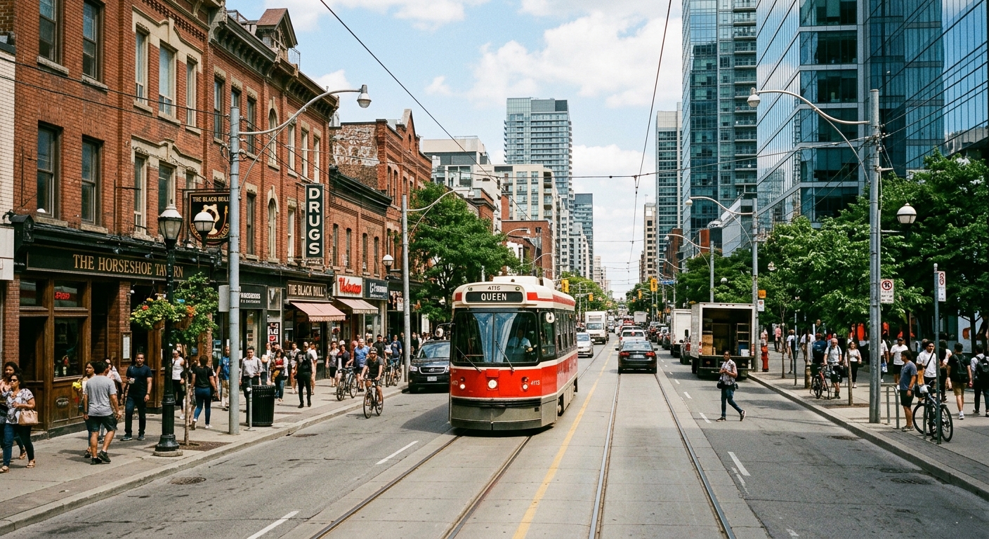 a classic red transit streetcar travelling down a busy city avenue lined with a mix of historic brick storefronts and tall glass buildings, natural everyday lig