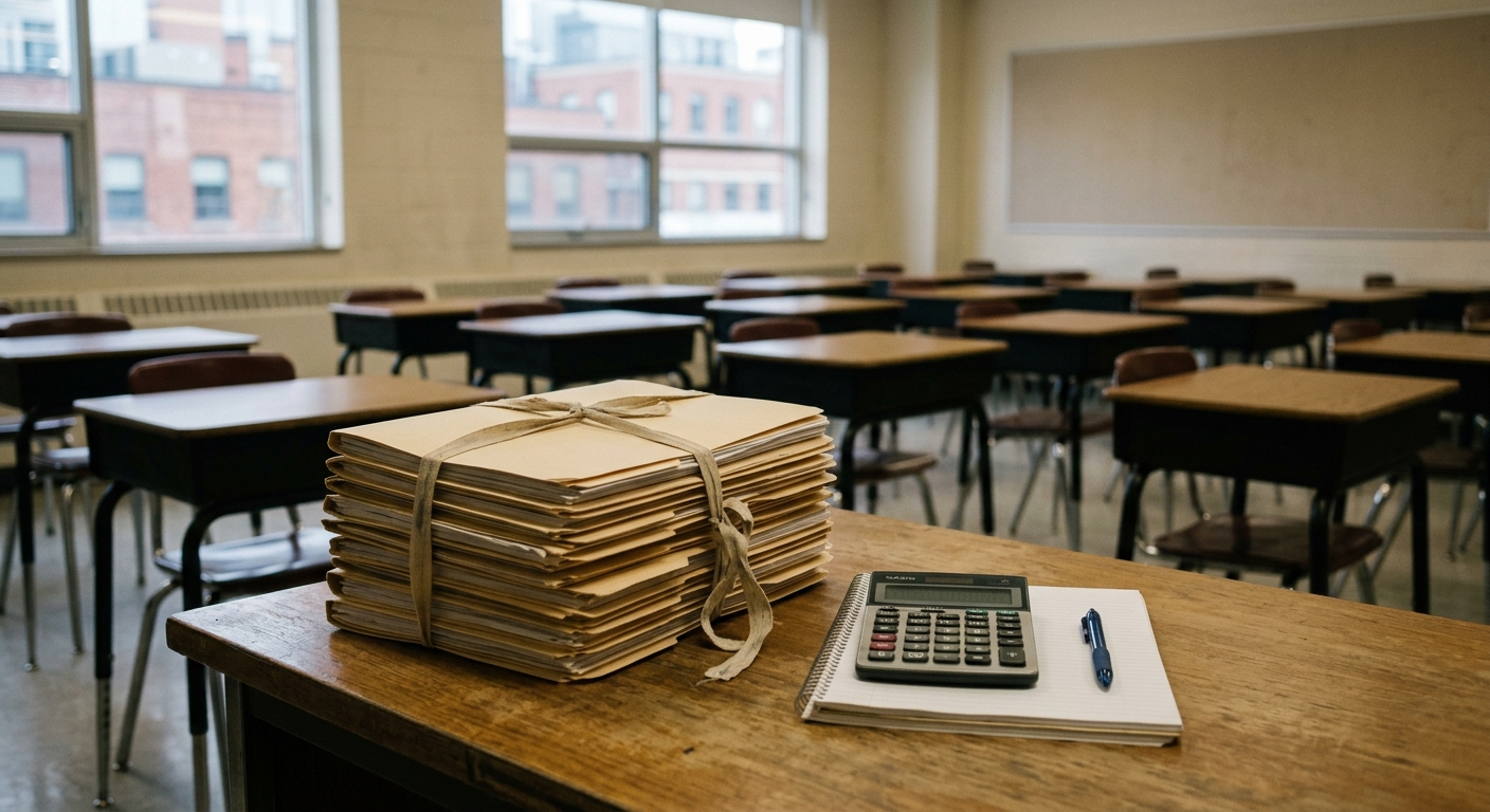a stack of financial audit folders and a calculator sitting on an empty desk, with rows of vacant student desks blurred in the background inside an urban Toront