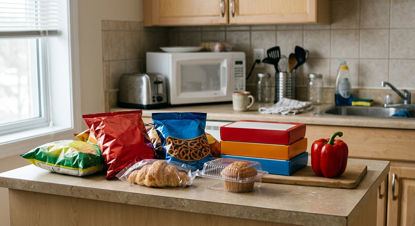 an everyday kitchen counter in a typical North American apartment featuring an assortment of unbranded foil snack bags, plastic-wrapped pastries, and boxed read