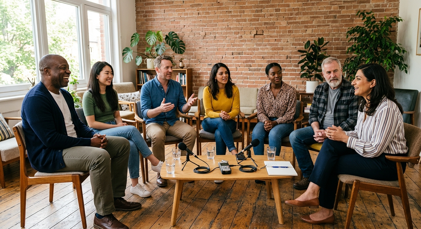 a diverse group of adults sitting in a semi-circle of chairs in a casual, bright room with exposed brick and large windows, engaging in a relaxed and candid con