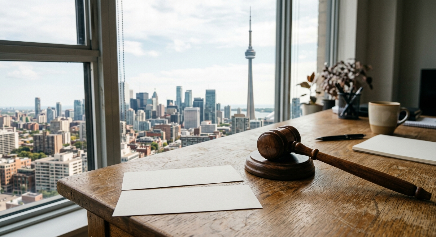 a pair of blank, plain paper event admission tickets and a wooden legal gavel resting on a standard office desk near a window overlooking a city skyline with a