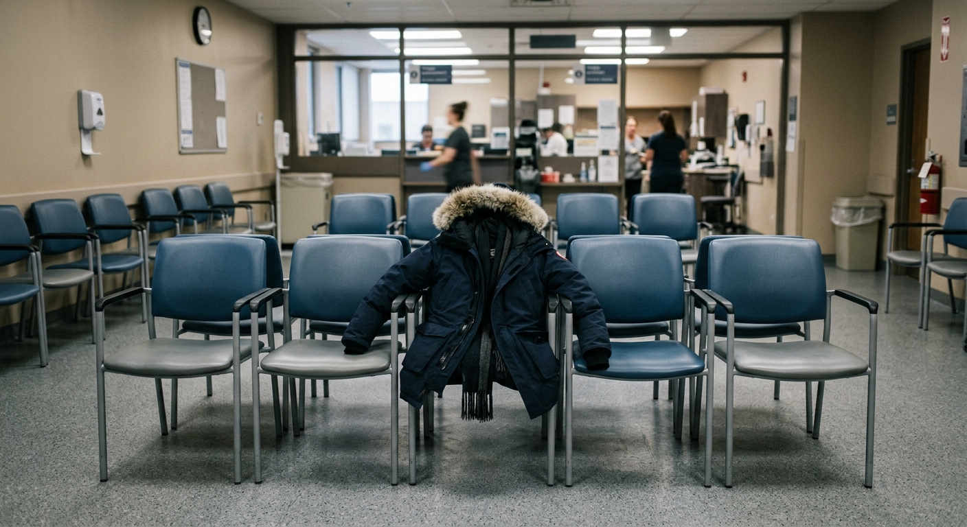 a quiet hospital emergency room waiting area with rows of empty institutional chairs, a blurred triage desk in the background, and a heavy winter coat draped ov