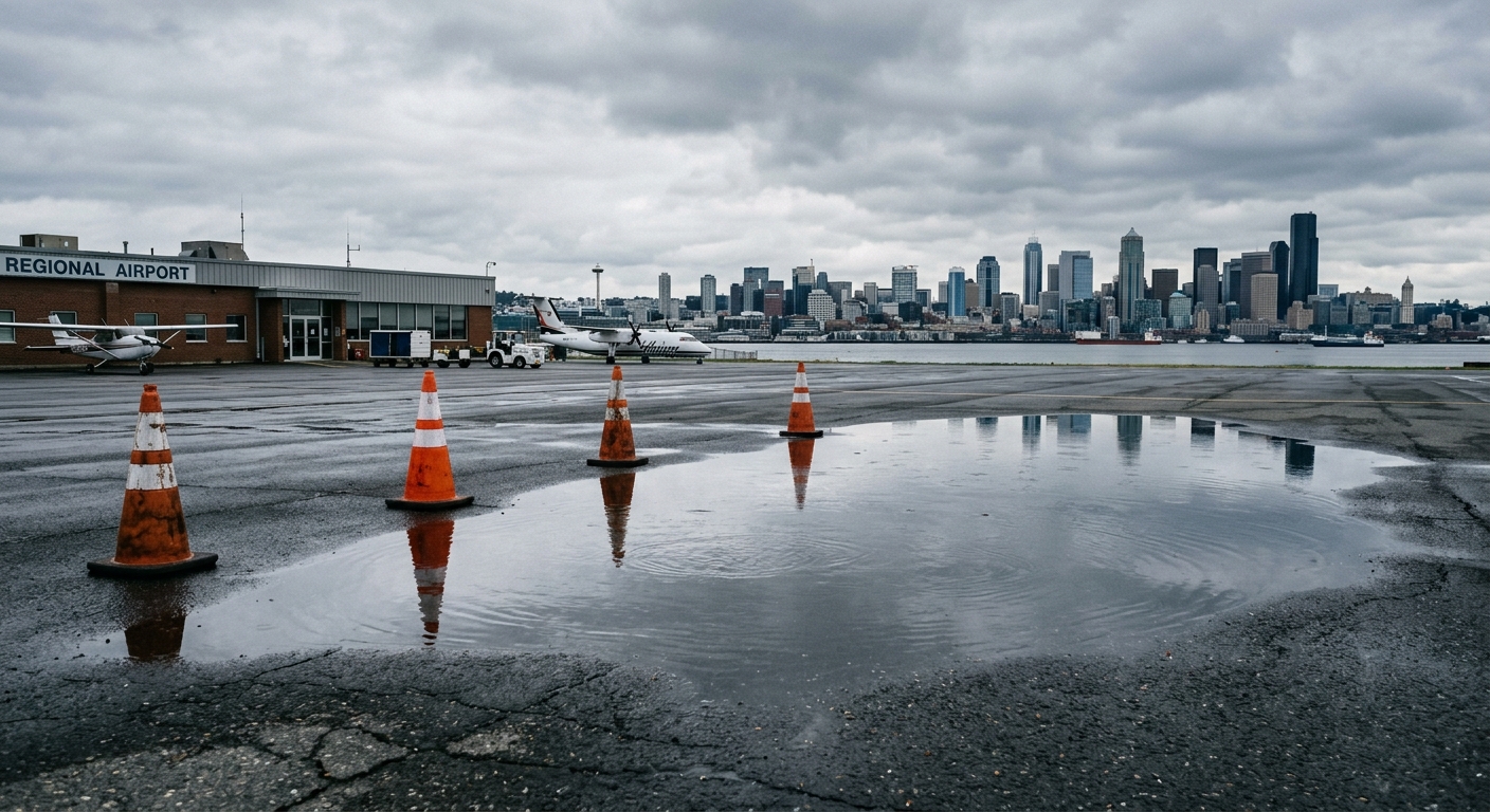 a large puddle of water pooling on the tarmac outside a small regional airport terminal, with orange maintenance cones set up nearby and a distant city skyline
