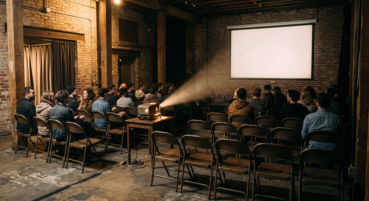 an indie screening room inside a converted brick-walled urban arts center, featuring rows of simple folding chairs and a glowing projector casting a soft beam o