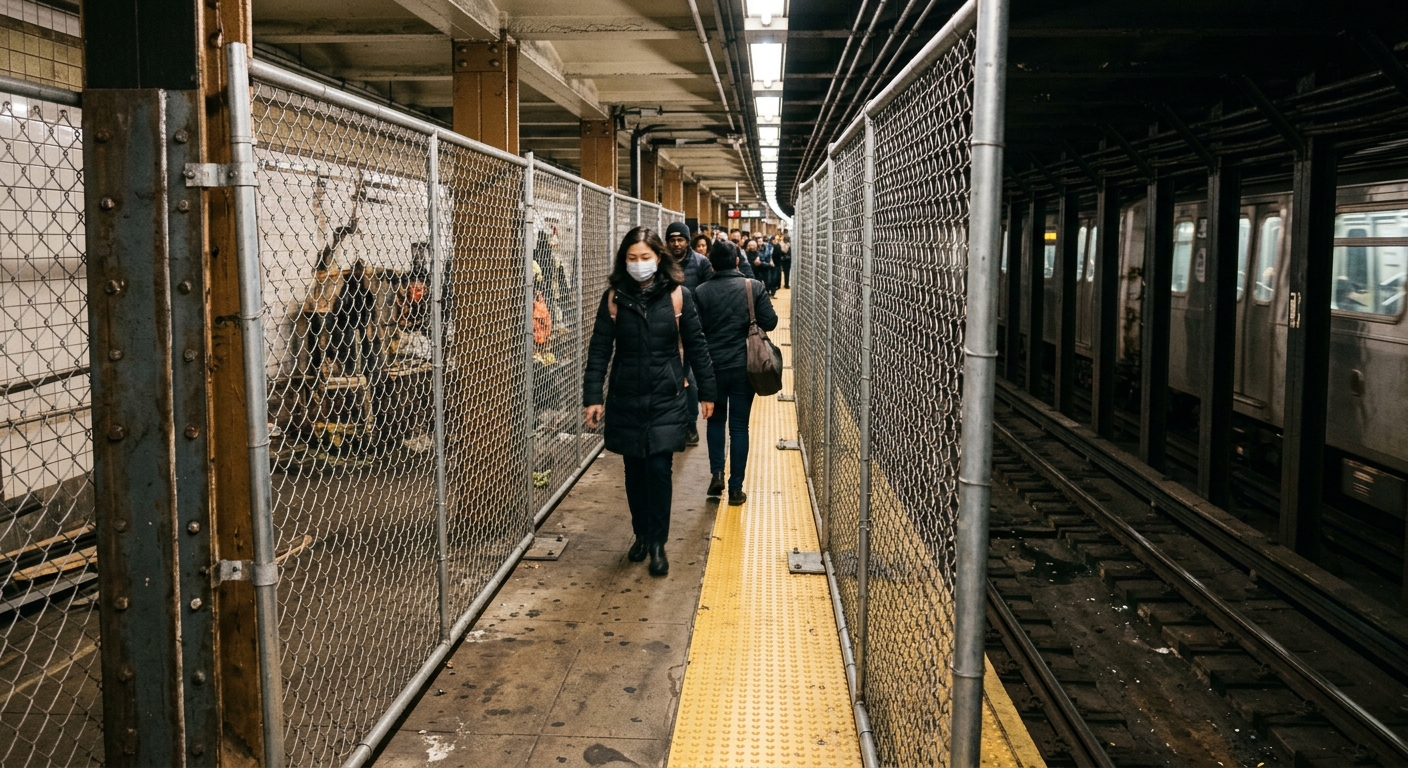 a narrow subway platform where temporary metal construction fencing takes up most of the walking space, leaving only a tight gap directly next to the yellow tac