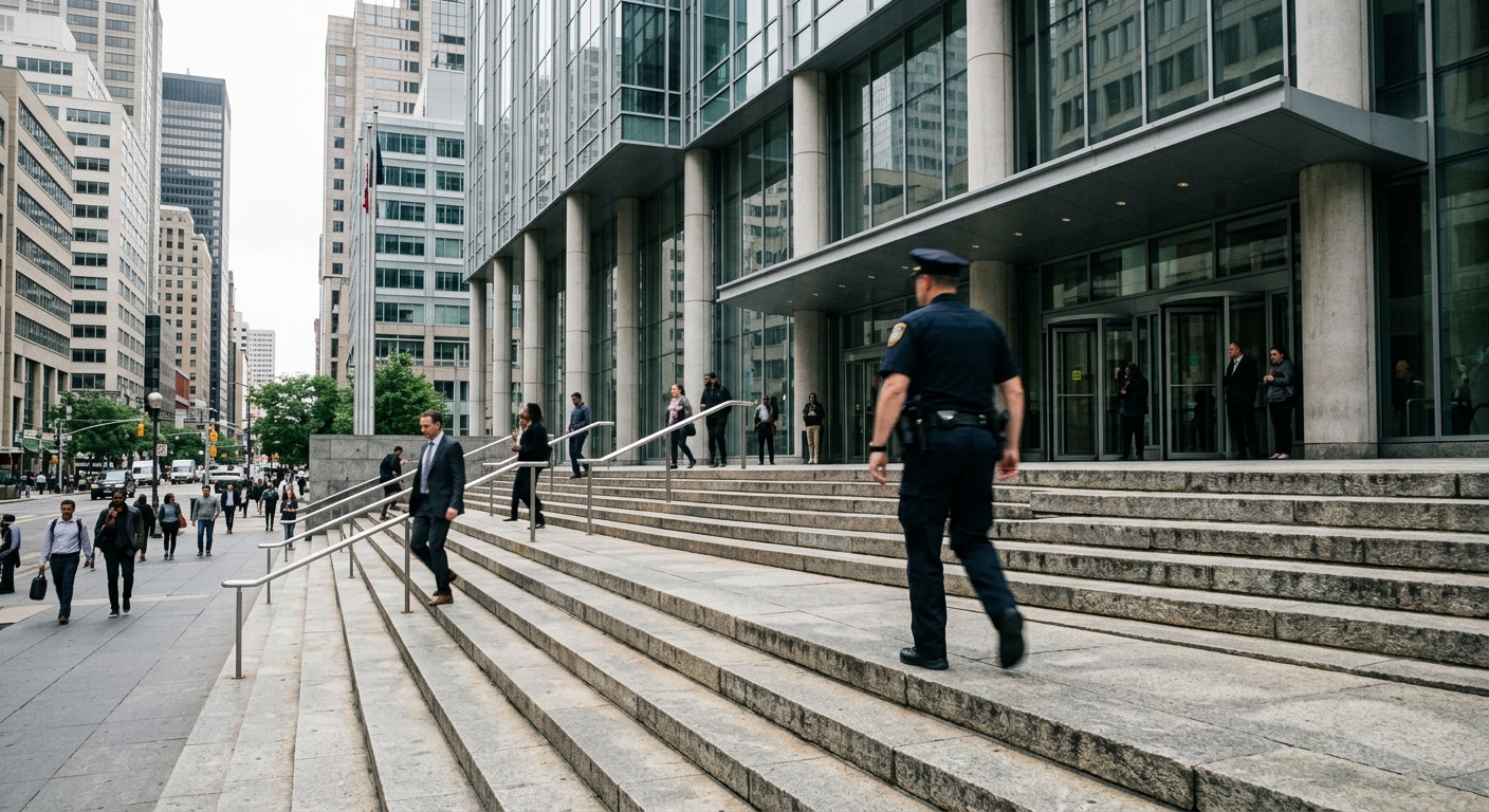 the stone steps leading up to a modern glass and concrete courthouse in a bustling urban downtown, with an out-of-focus figure in a dark law enforcement uniform