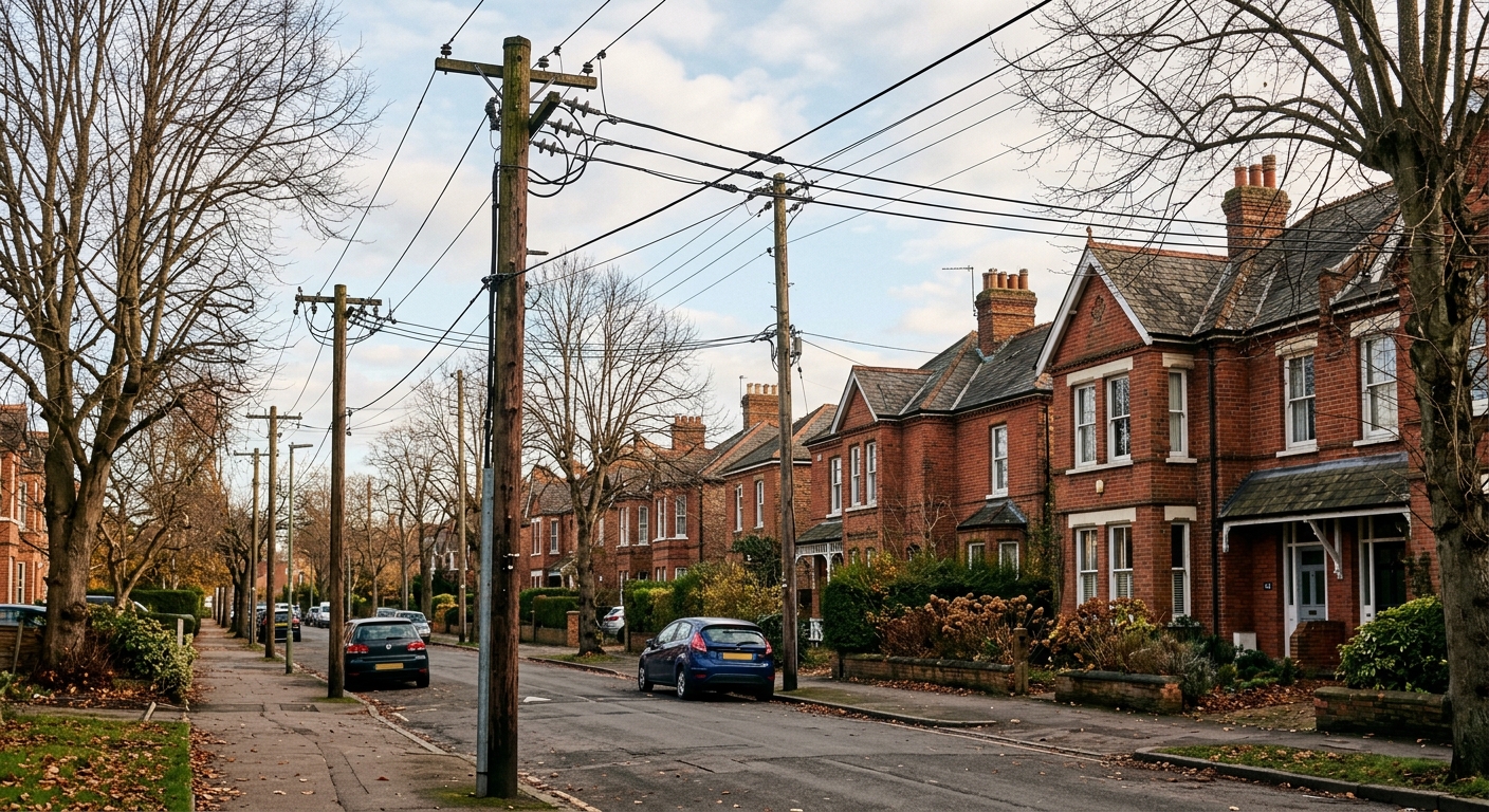wooden utility poles carrying electrical power lines down an older residential neighborhood street lined with traditional red brick houses and leafless autumn t
