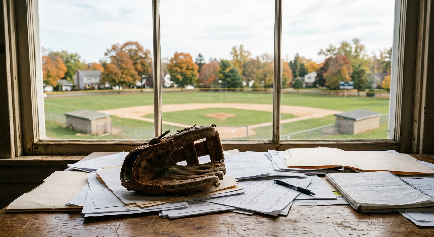a worn youth baseball glove resting on a pile of scattered financial documents and folders on a wooden desk, looking out a window toward an empty suburban commu