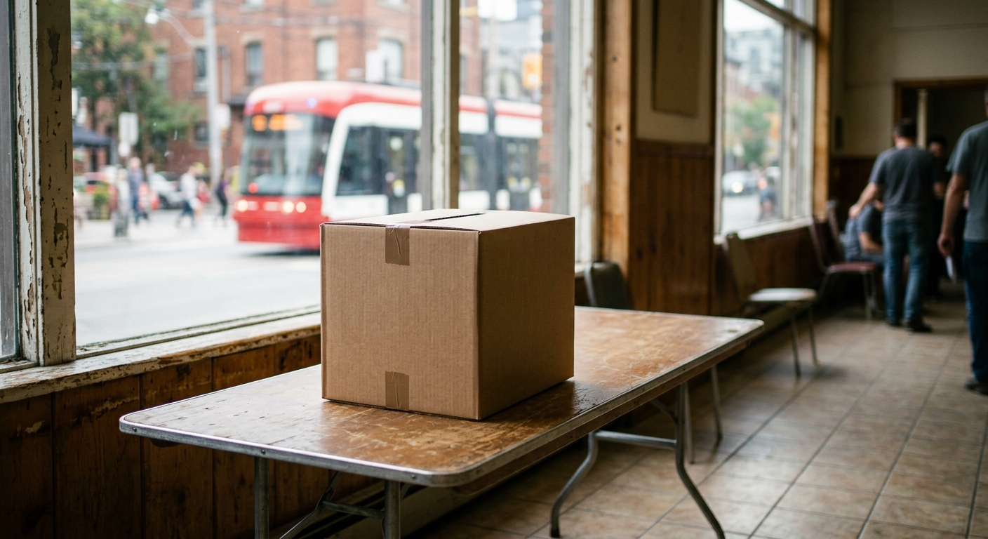 a blank cardboard ballot box resting on a folding table inside a community hall, with an out-of-focus red streetcar passing by a large window in the background,