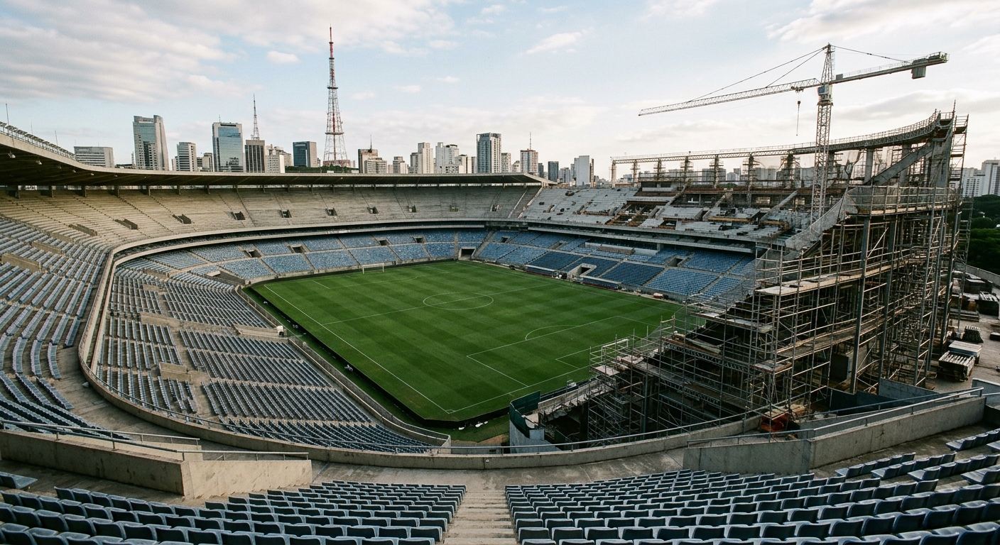 a large outdoor stadium with empty seating, featuring a section under construction with metal scaffolding, with a distant view of a tall communication tower and