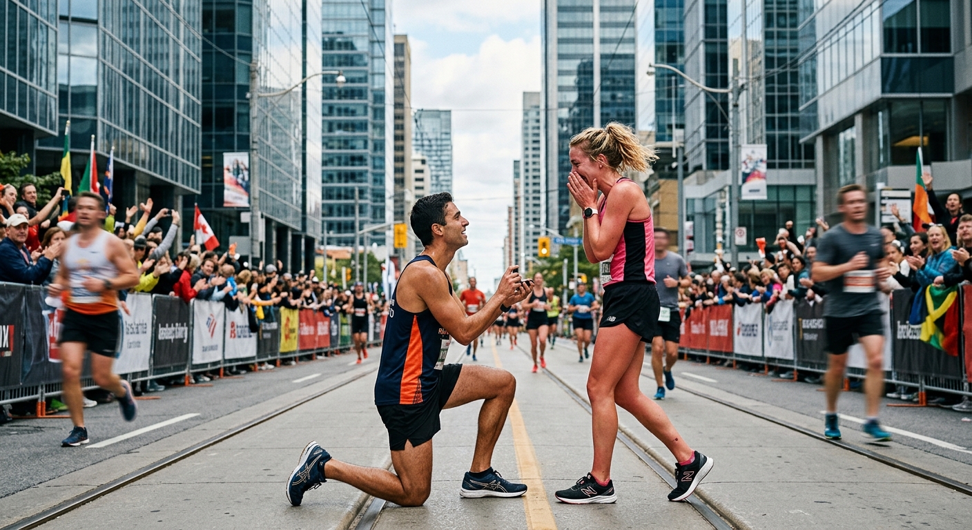 a male marathon runner kneeling on one knee to propose to a surprised female marathon runner in the middle of an urban marathon race, both wearing athletic runn