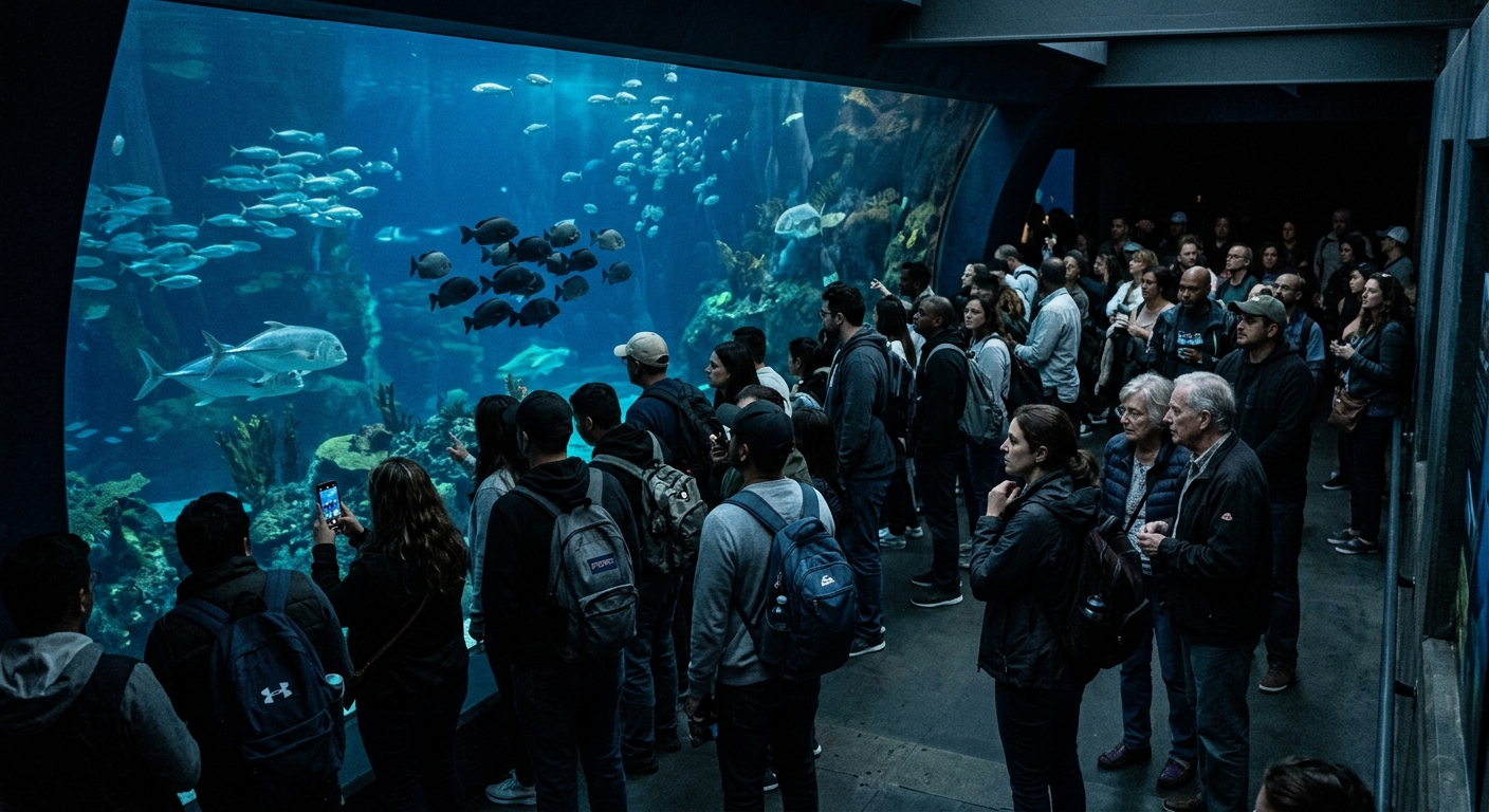 a crowd of tourists looking through a large glass viewing panel at an indoor aquarium, blue water illuminating the dark walkway, a few fish swimming by, natural