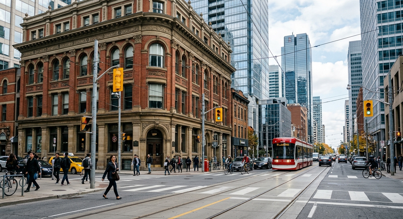 a busy downtown intersection featuring a grand historic heritage building with stone and brick facades, pedestrians walking past the entrance, a red transit str