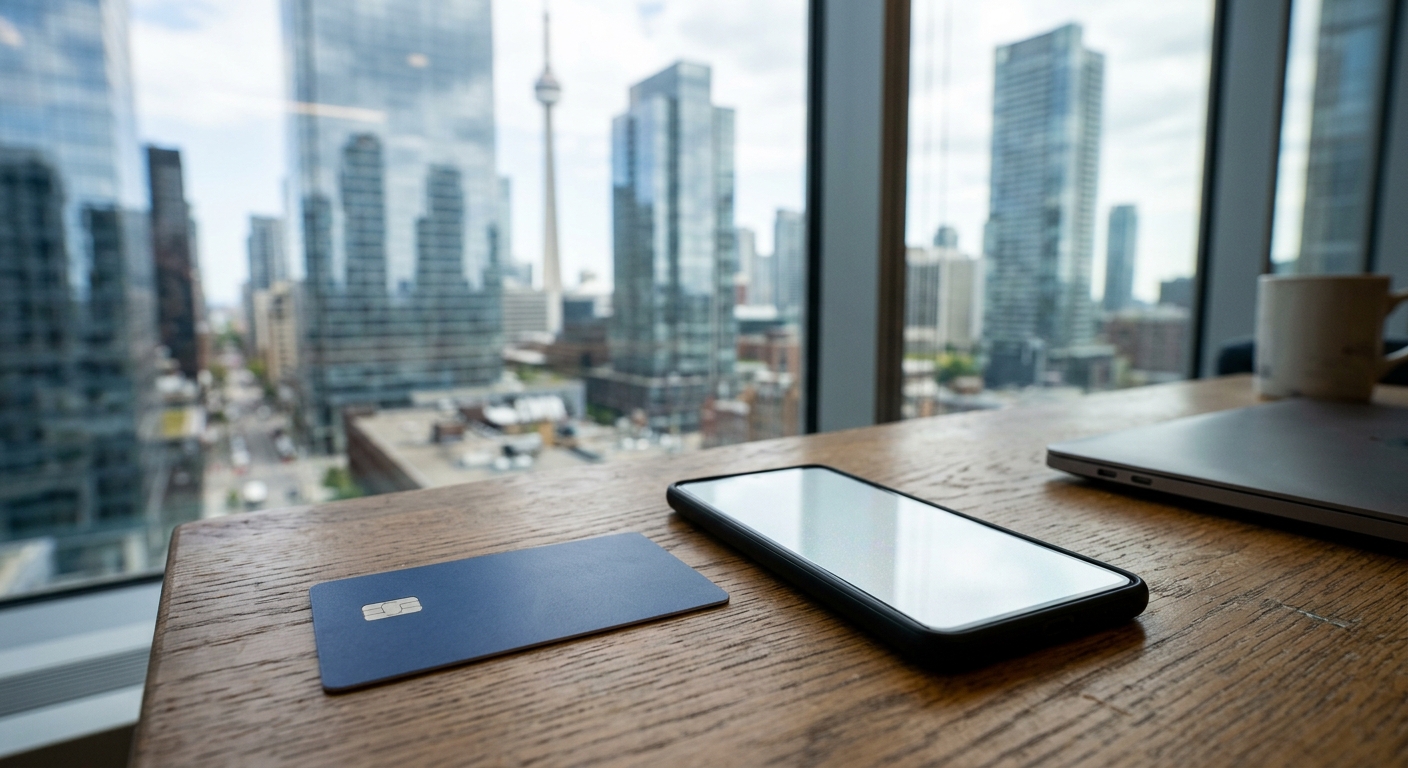 a close-up of a generic bank card lying next to a smartphone with a glowing blank screen on a modern office desk, with the glass skyscrapers of the Toronto fina