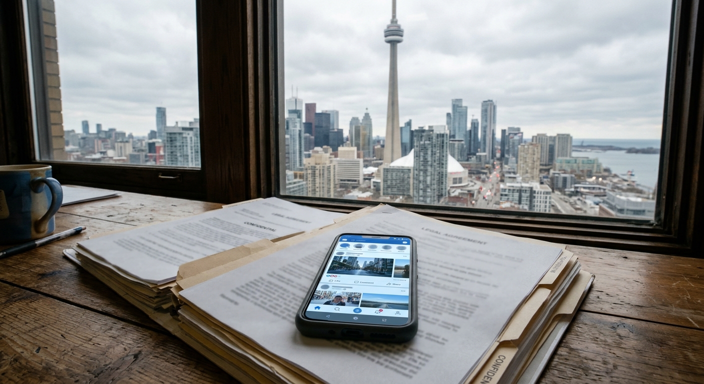 a smartphone lying face up on a stack of blurred legal documents on a wooden desk, a generic blue social media feed visible on the screen, situated next to a wi