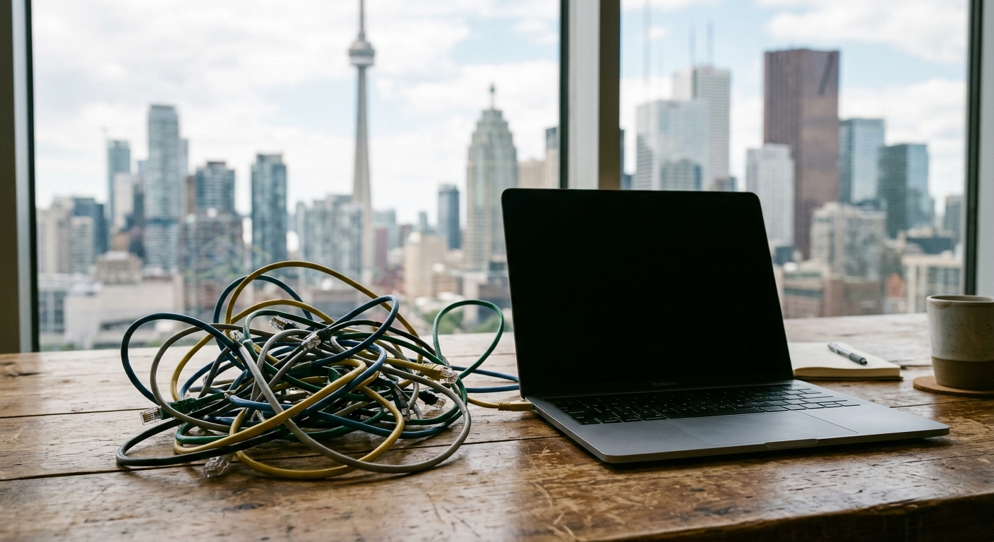 an open laptop with a blank dark screen sitting on a wooden desk next to a tangled pile of network cables, with a blurred view of the Toronto city skyline throu