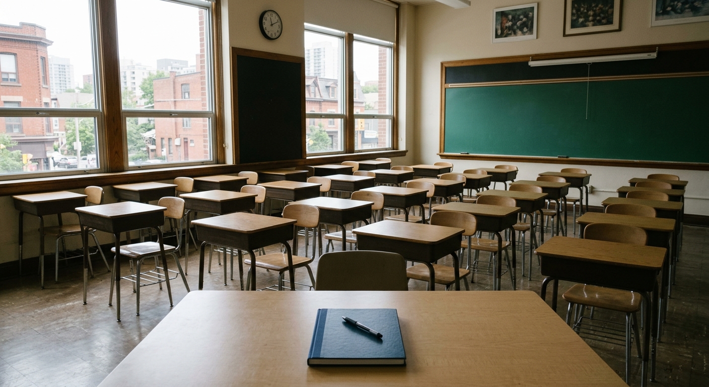 an empty classroom with rows of vacant desks, a closed notebook and a pen left on the front table, daylight streaming through a window showing typical Toronto u