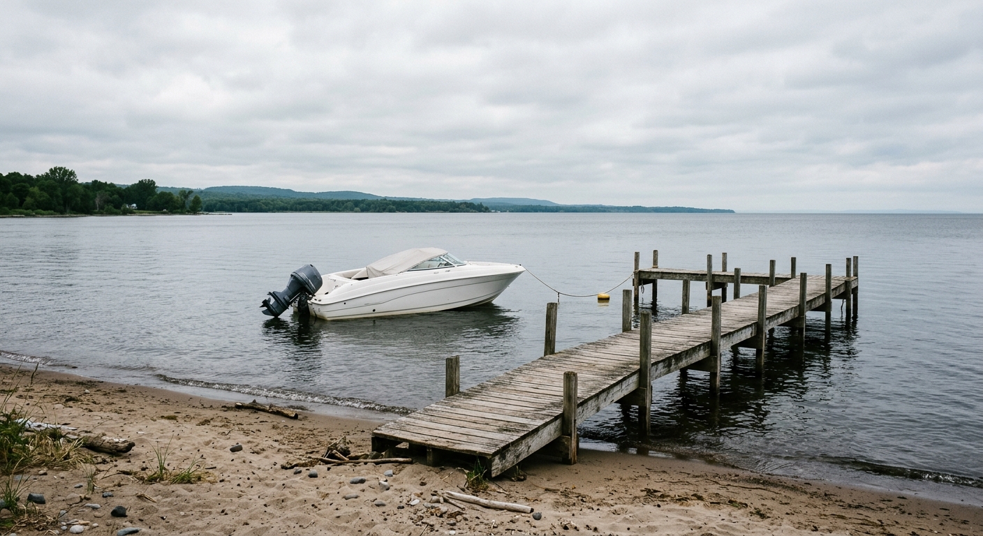 an empty white recreational motorboat anchored near a wooden pier at a sandy beach on Lake Ontario on a quiet overcast day, natural everyday lighting, shot on a