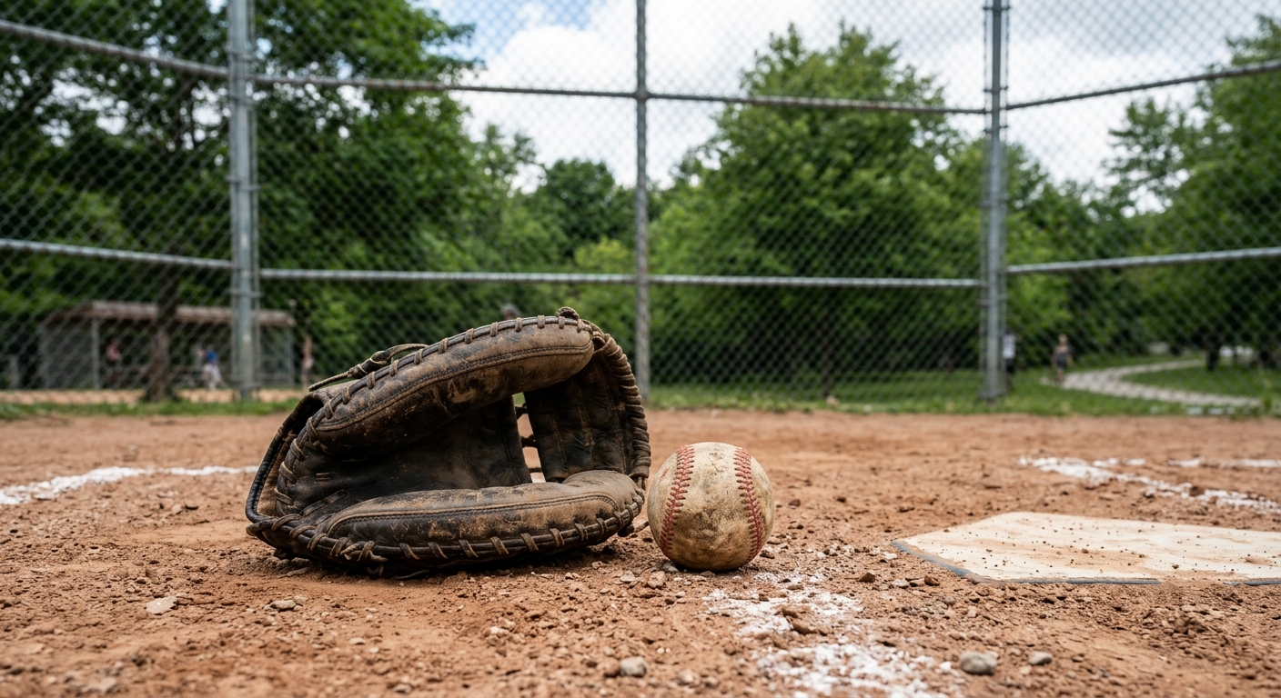a well-worn leather catcher's mitt and a baseball resting on the dirt near home plate at a community baseball diamond, with a chain-link fence and distant green