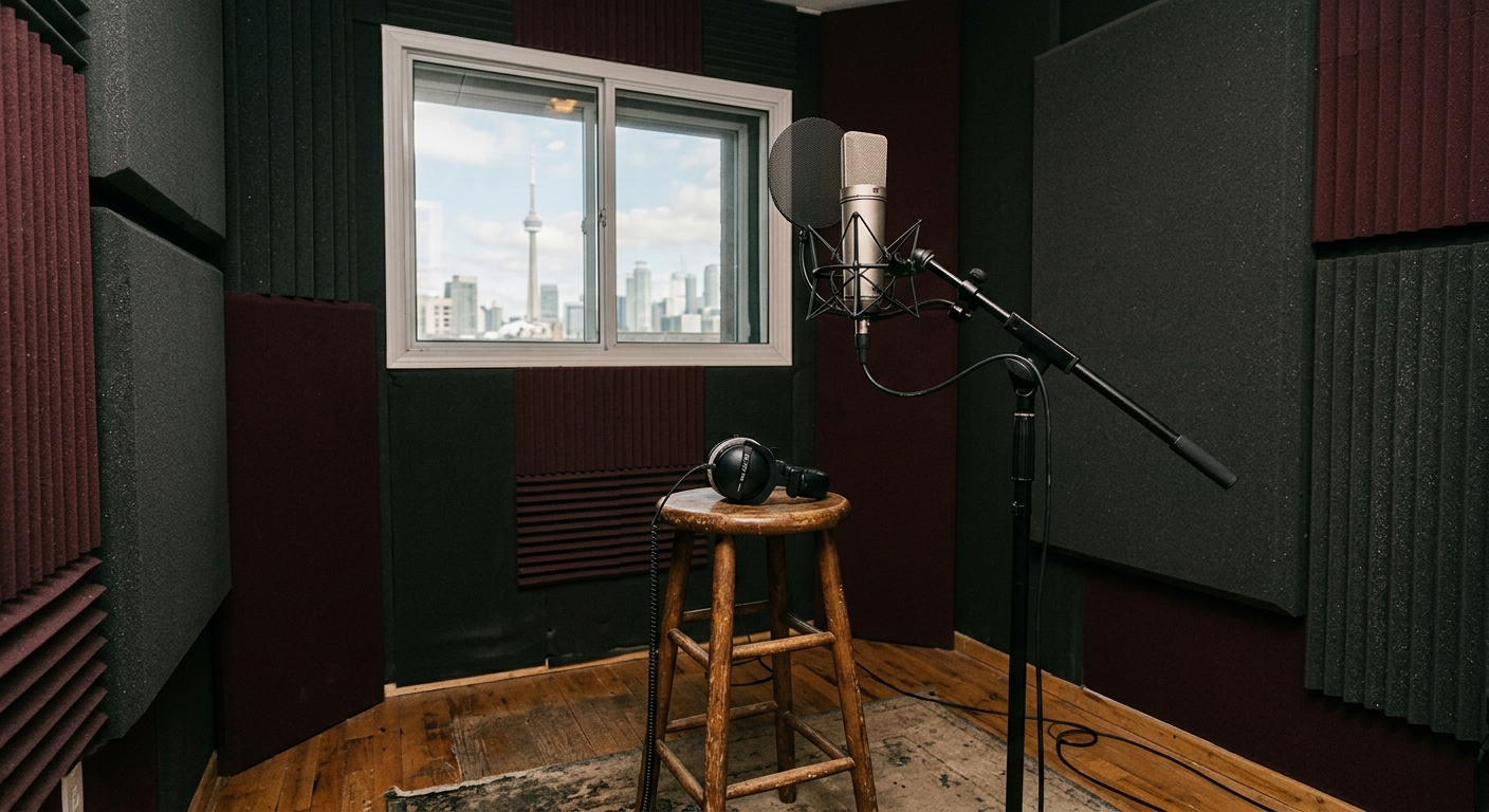 an empty soundproof vocal recording booth featuring a wooden stool, a professional condenser microphone on a stand, and a pair of resting headphones, with a sma