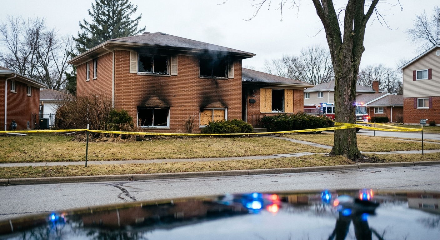 a damaged suburban brick house with charred windows and soot on the exterior, surrounded by plain yellow caution tape, with out-of-focus emergency vehicle light