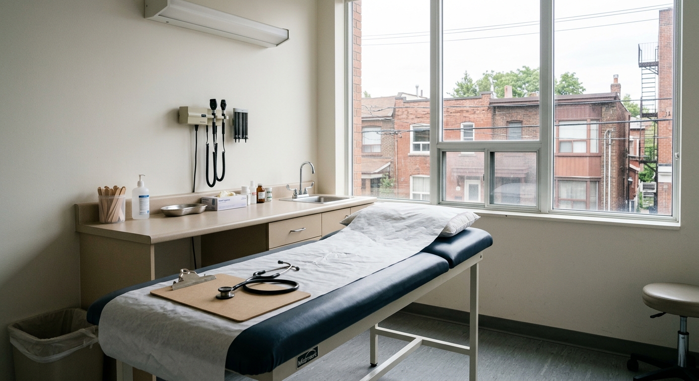 an empty medical clinic examination room featuring a standard patient bed, a stethoscope resting on a blank clipboard, and basic medical equipment on a counter,