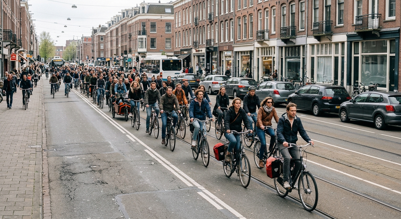 a large, dense group of everyday cyclists riding together down a multi-lane urban street, occupying an entire traffic lane beside passing vehicles, with typical