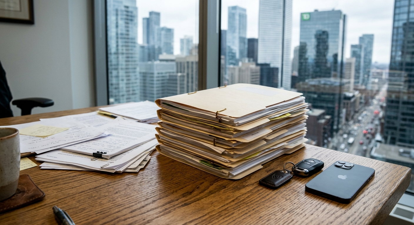 a stack of manila legal folders and scattered paperwork sitting on a wooden desk beside a set of luxury car keys and a blank smartphone, with a softly blurred b