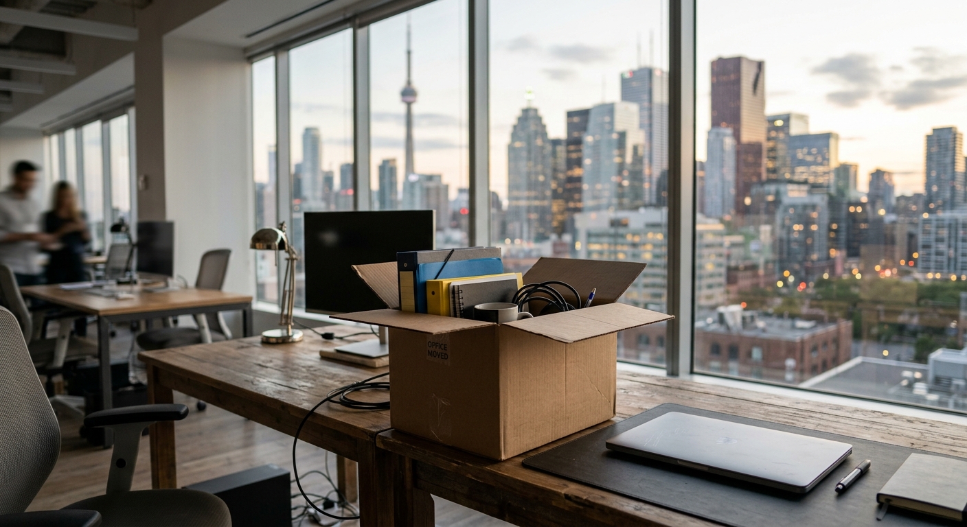 a partially packed cardboard office box and a closed silver laptop sitting on a wooden desk inside a modern corporate office, with a soft-focus view of the Toro