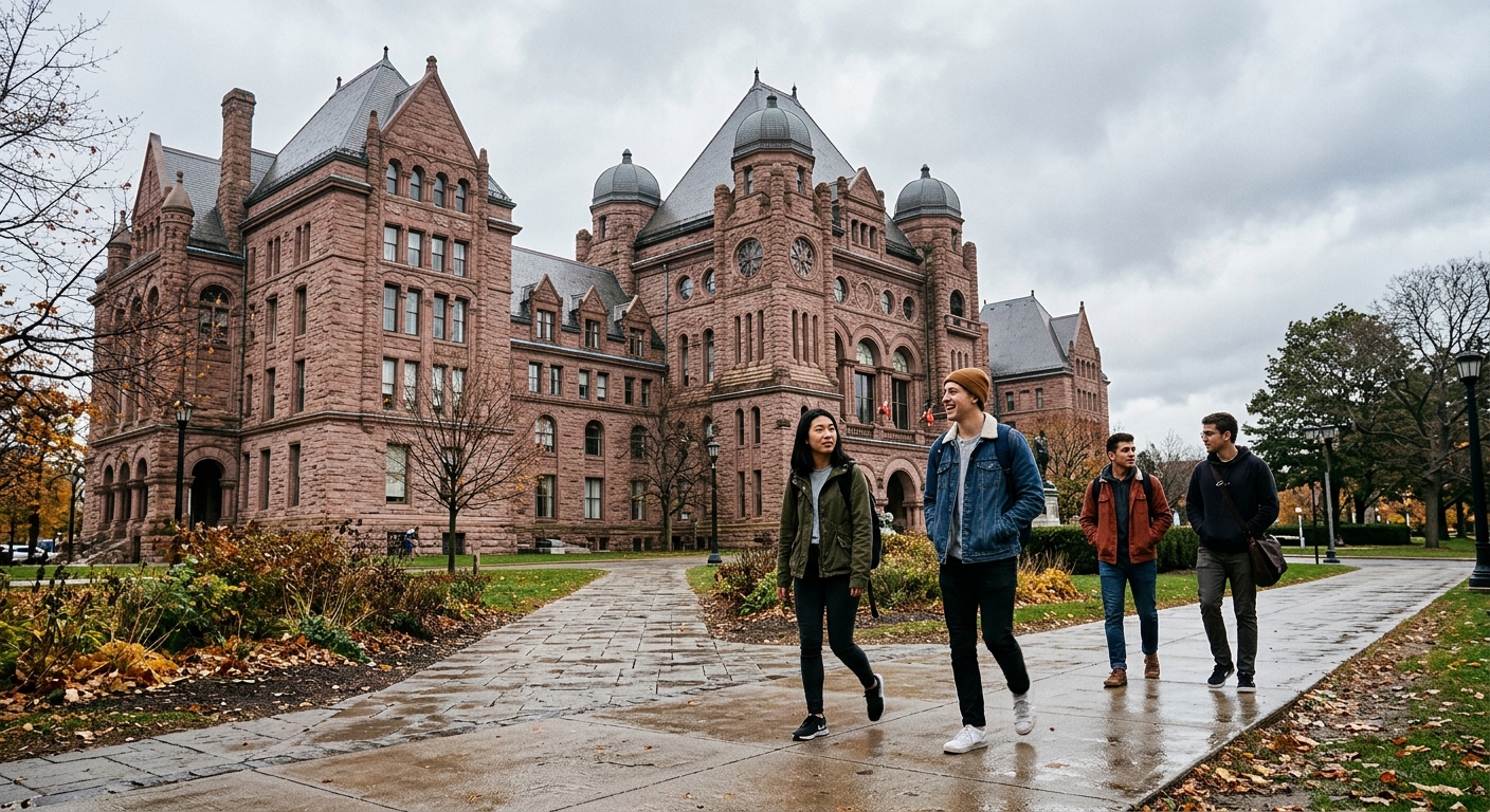 a traditional pink-sandstone government legislative building in Toronto on a cloudy day, with a few young adults carrying backpacks walking along the damp sidew
