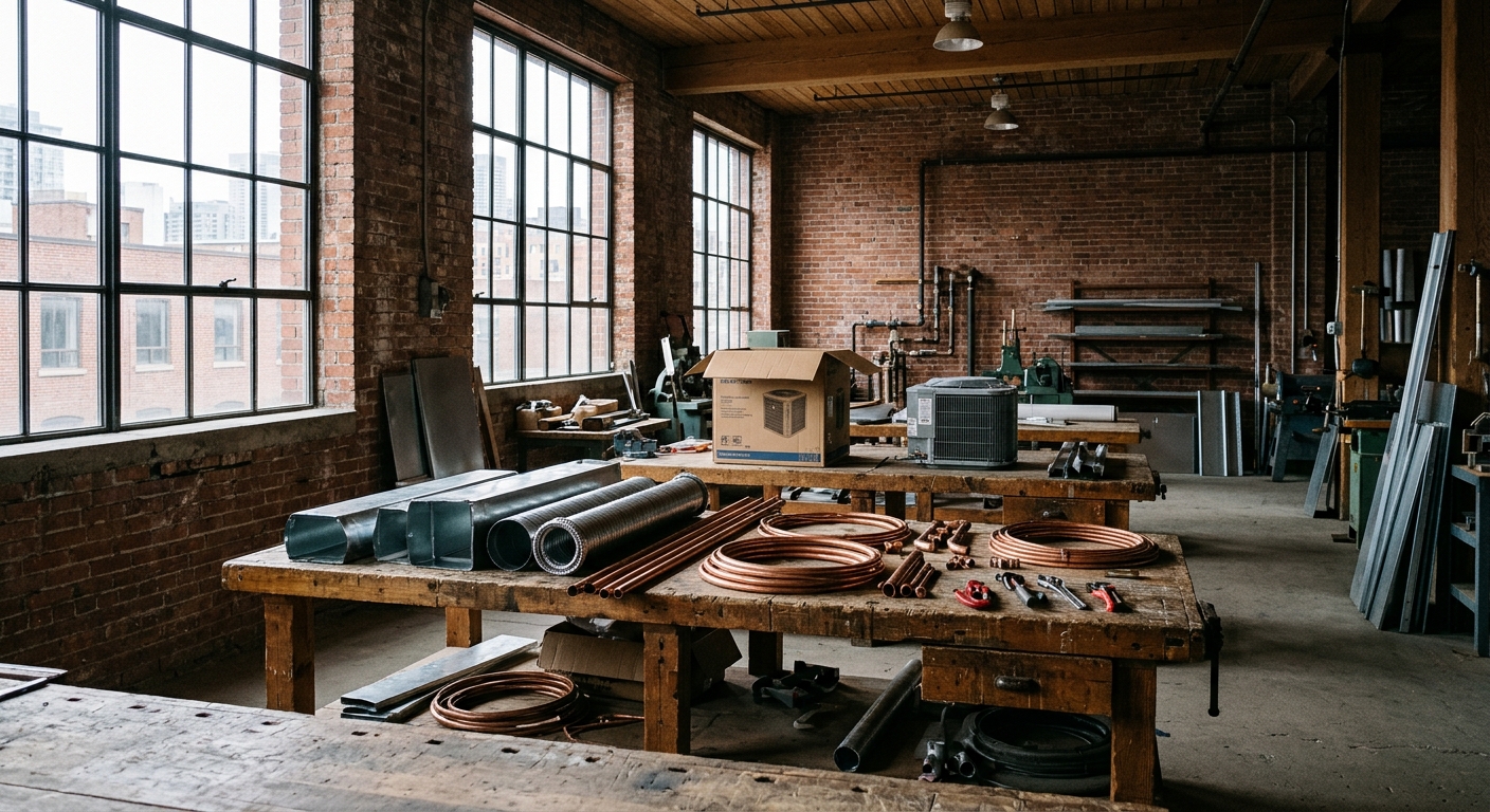an empty vocational training workshop with unused HVAC equipment, copper pipes, and metal ducts resting on wooden workbenches inside a classic brick industrial