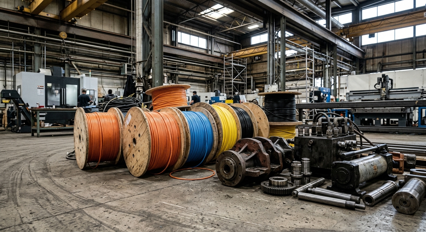 spools of fibre optic cables and heavy industrial machinery components resting on the concrete floor of a modern manufacturing facility in a Canadian industrial