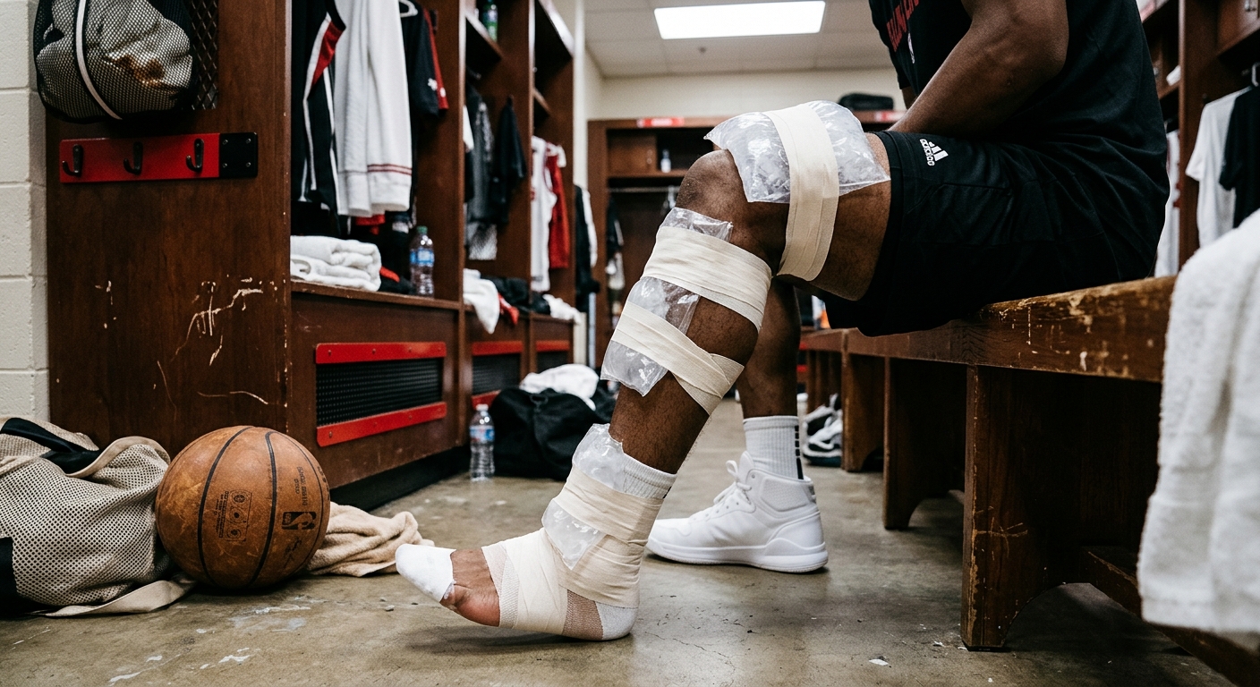 a close-up of a professional basketball player's leg wrapped with an ice pack and medical athletic tape, sitting on a wooden bench in a team locker room featuri