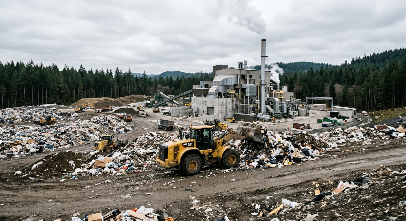 a large industrial landfill and waste management facility, with a yellow front-end loader moving mounds of refuse near a municipal incinerator building, surroun