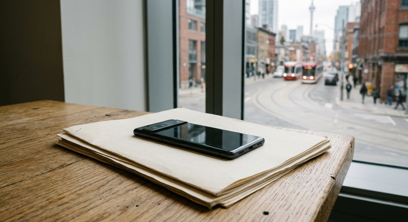a modern smartphone resting on top of a stack of plain paper financial documents on a wooden table, with a softly blurred view of a downtown Toronto street feat