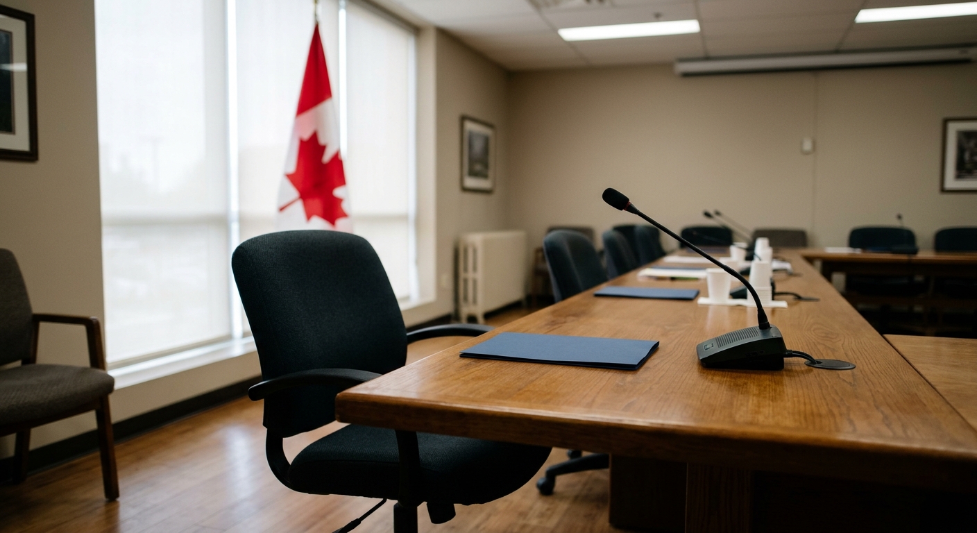 an empty chair at a long wooden conference table inside a standard institutional boardroom, featuring a closed folder and an unlit microphone on the desk, with