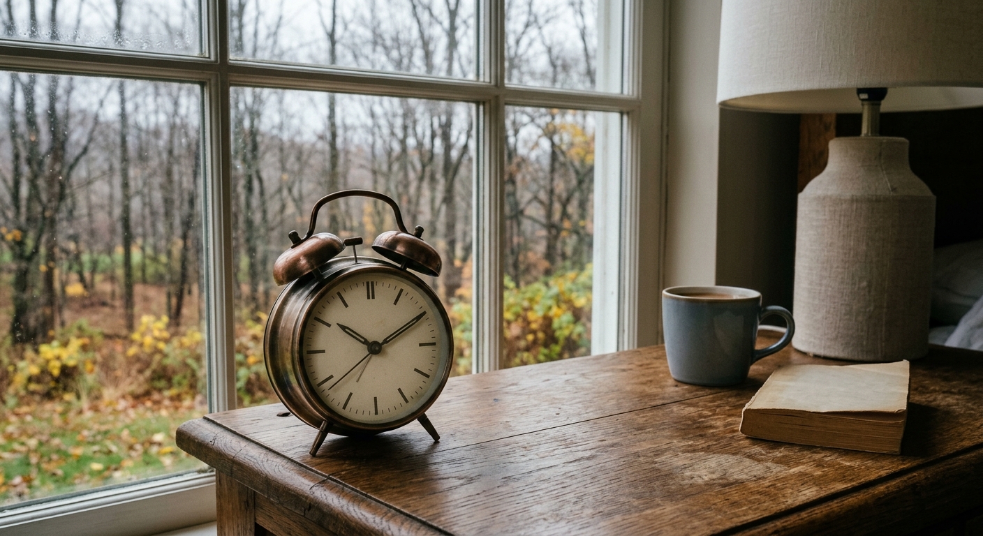 a classic analog alarm clock with simple line markers instead of numbers, resting on a wooden nightstand next to a window showing overcast autumn weather and ba